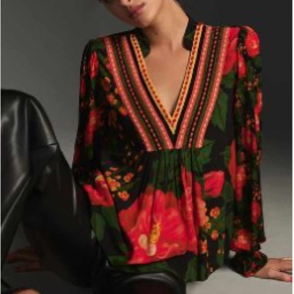 Anthropologie Green Blouse with Graphic Design and Bib Collar